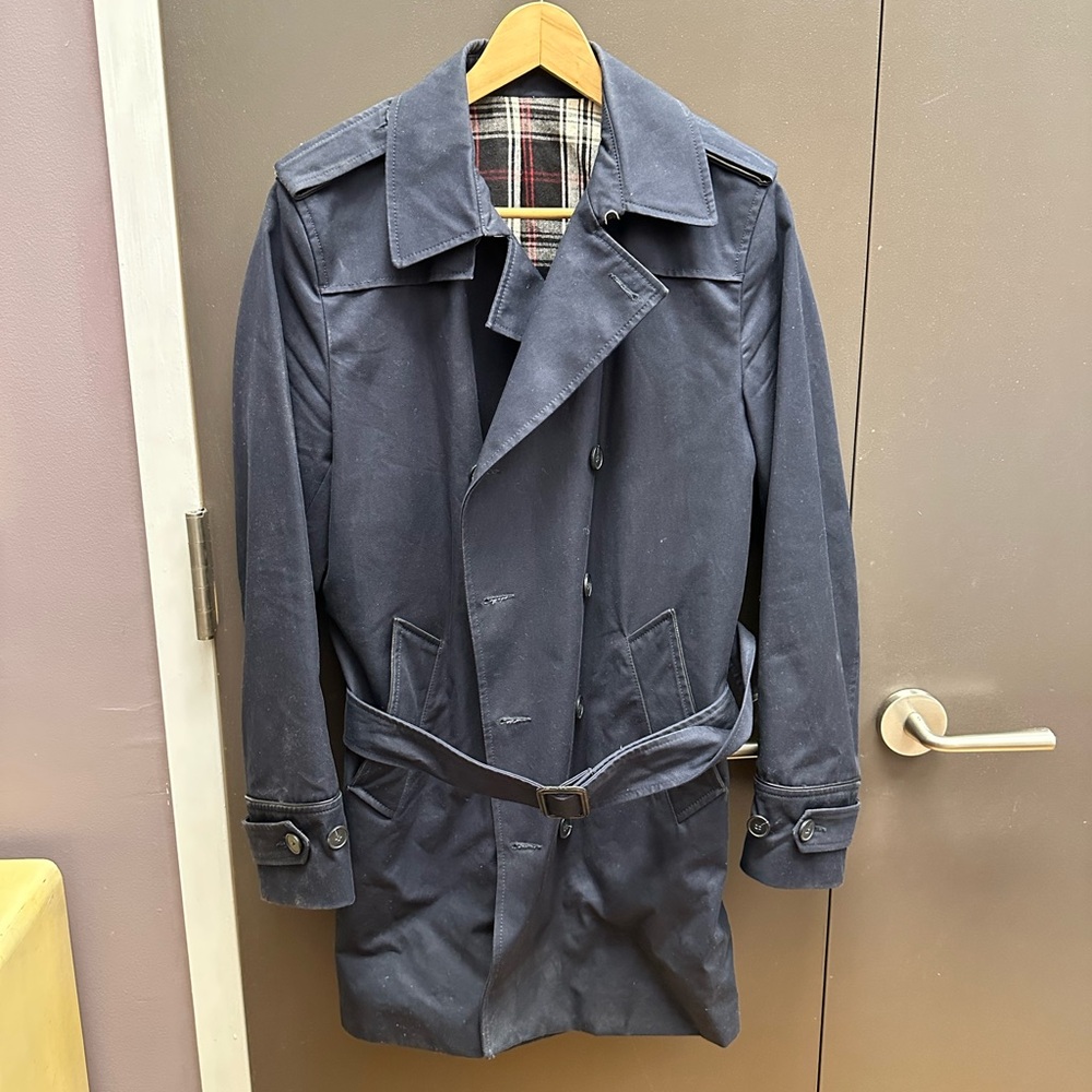 Sandro Navy Trench Coat with Check Lining